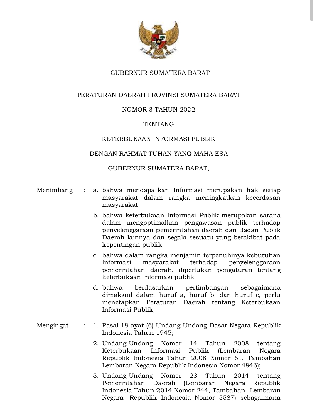Peraturan Daerah Provinsi Sumatera Barat Nomor 3 Tahun 2022 Tentang Keterbukaan Informasi Publik